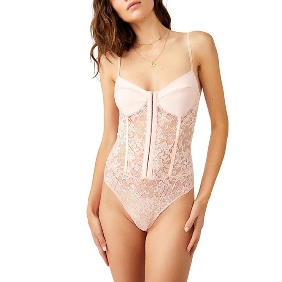NWOT Free People Lace Night Rhythm Pink Bodysuit SMALL - Picture 2 of 7